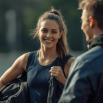 A photo of a woman with a sports holdall bag smiling