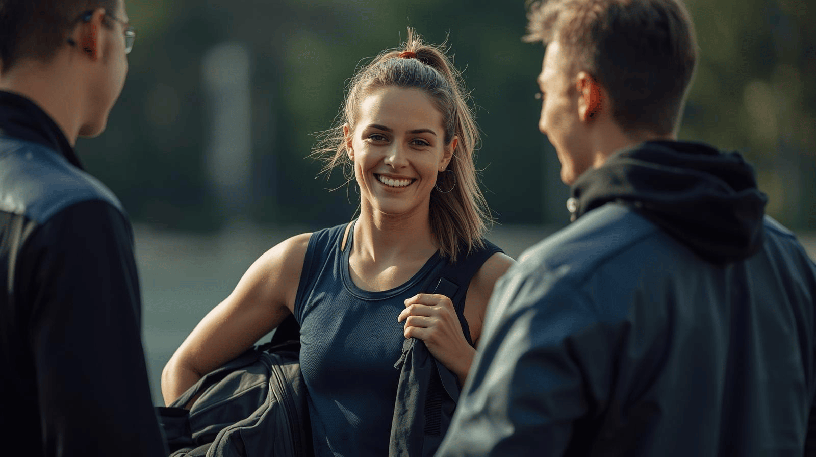 A photo of a woman with a sports holdall bag smiling