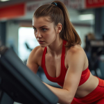 A photo of a woman at a gym in a matching red outfit